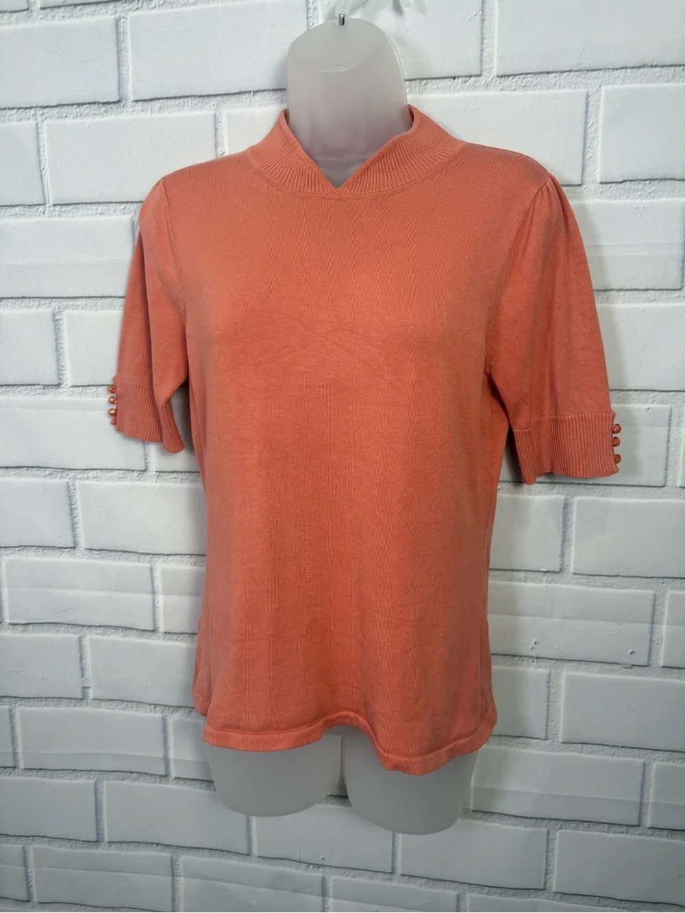 August Silk Knit Mock Neck Short Sleeve Sweater Top Peach Pearl Sleeve Detail/M